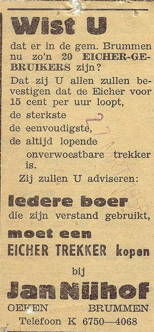 Oude advertentie Eicher Jan Nijhof